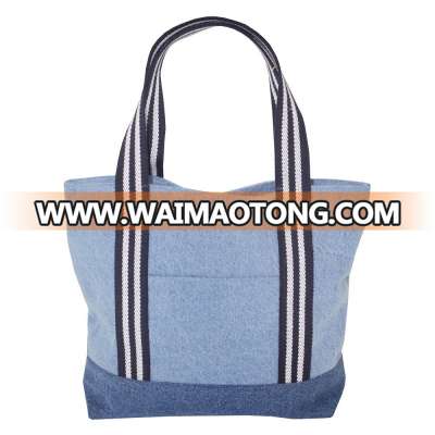 Designer Web Handle Light Color Enzymed Washed Denim Tote Bag